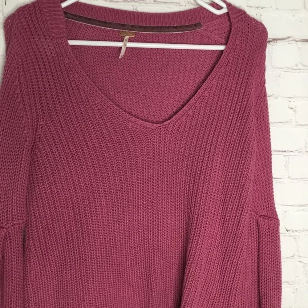 Free People Pink Knit Damsel Knitted Flare Bell Sl V-Neck Sweater Women SP China